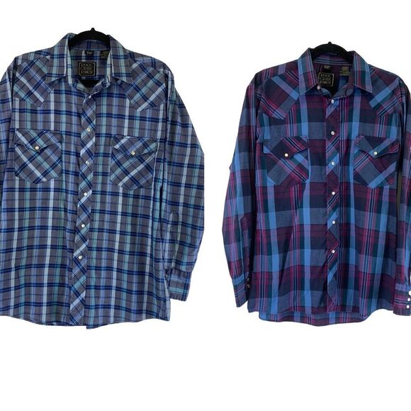 Rock Creek Ranch Pearl Snap Shirts Lot Of 2 Blue Purple Plaid Collar Mens Medium - Picture 1 of 16